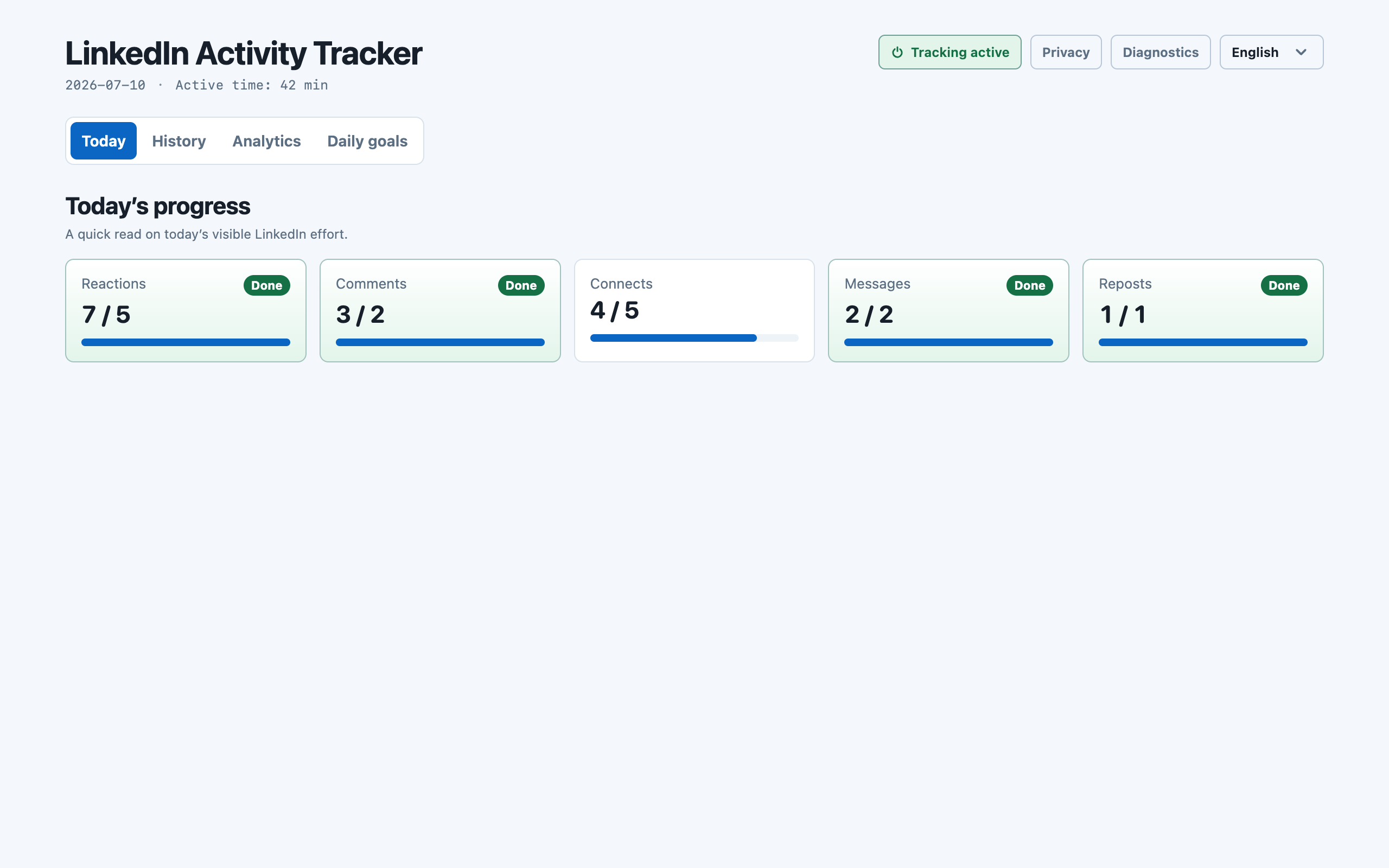 Today tab: goal cards filling up as you hit your daily targets