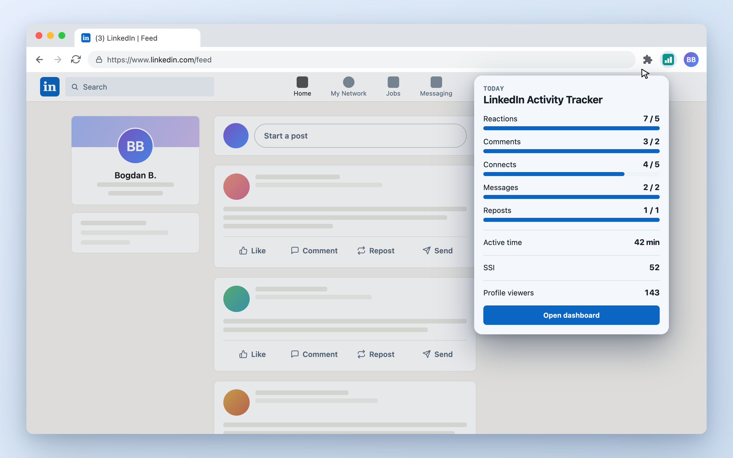 LinkedIn Activity Tracker popup with today's goals, open over the LinkedIn feed
